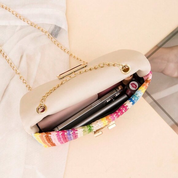 Multicolor Casual Women's Chain Shoulder Bag Small Square Woven Colorful Bag - Picture 5 of 5